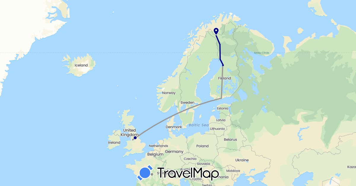 TravelMap itinerary: driving, plane in Finland, United Kingdom (Europe)